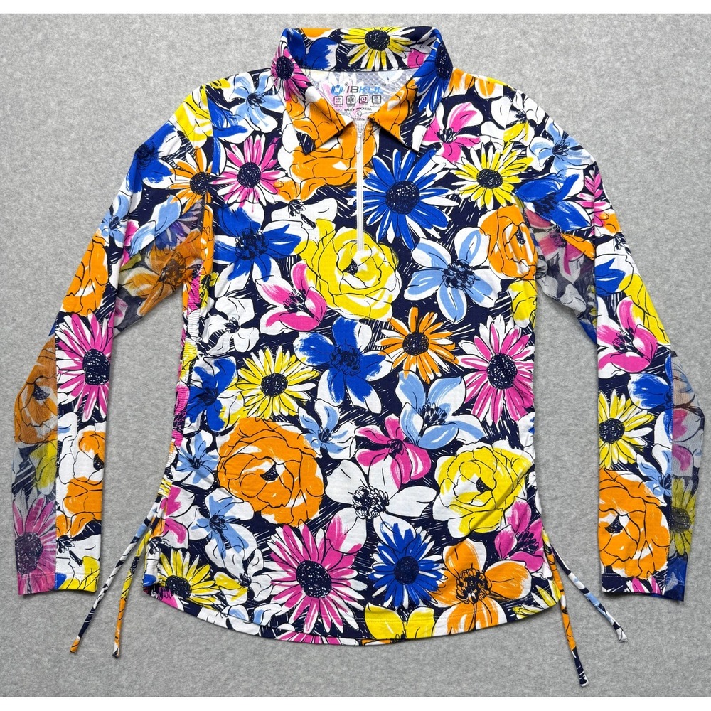 IBKUL Top Womens Small Multi Color Floral Mesh Sleeve 1/4 Zip Performance Active